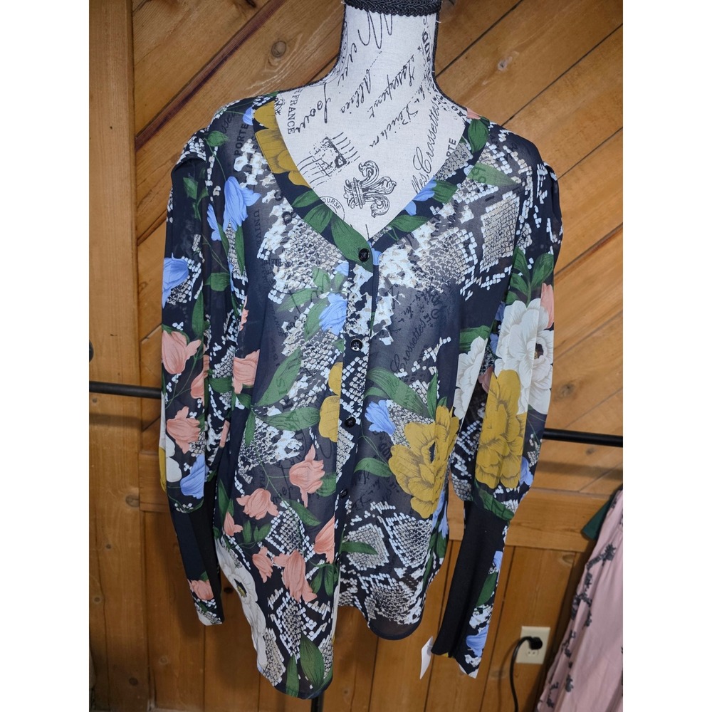 CAbi Floral Mixed Print Sheer Button Front Blouse with Long Knit Cuffs